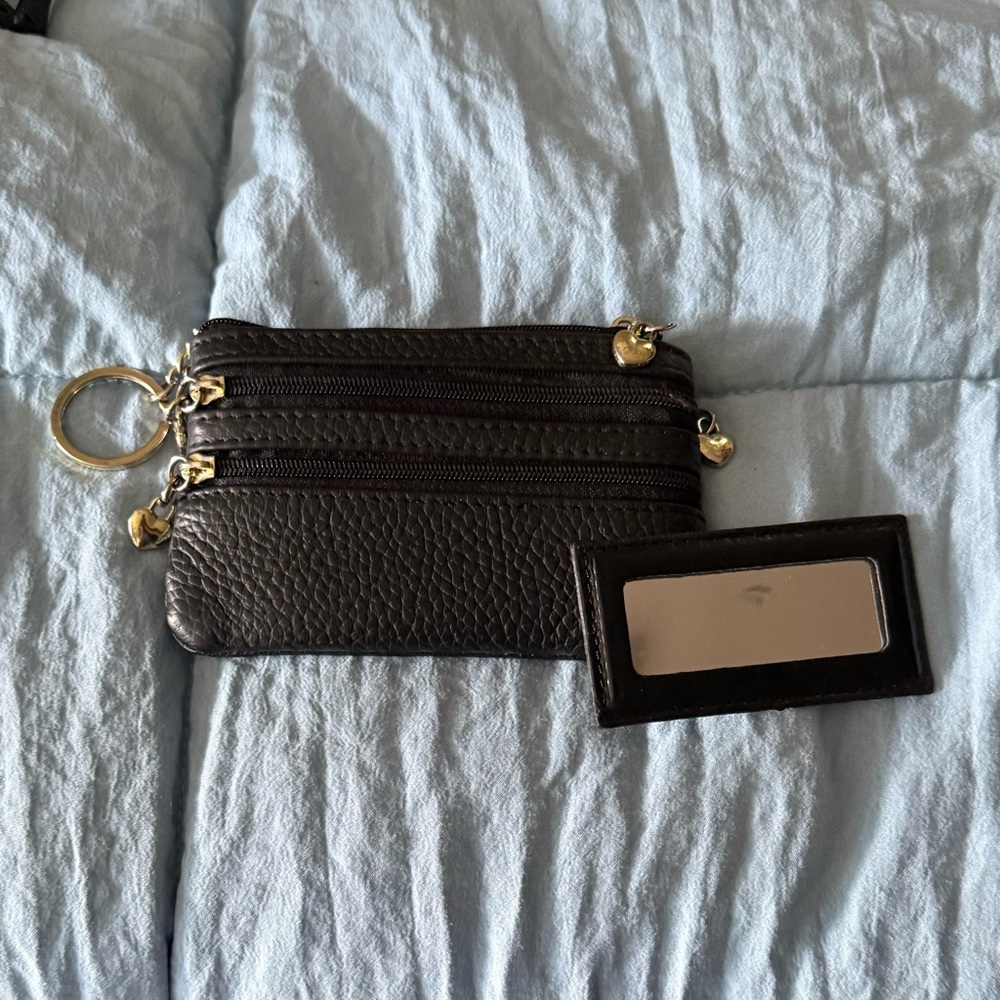 Black Leather Keychain Wallet with Gold Accents